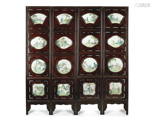 Republic Period A four-leaf 'Romance of the Western Chamber' porcelain-inset hardwood screen