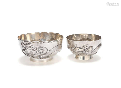 19th/20th century Two silver dragon bowls