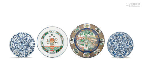 Kangxi to 19th century A group of blue and white and famille verte dishes