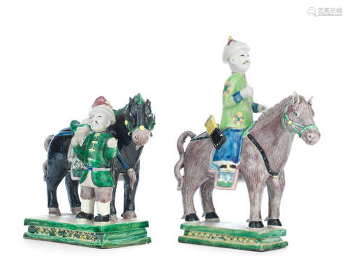 19th century A pair of famille verte biscuit figures of horses and riders,