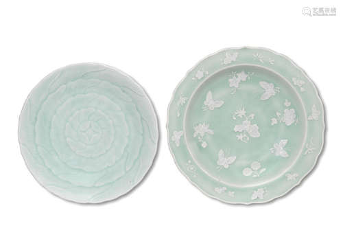 Qianlong seal marks, 18th or 19th century  Two celadon-glazed dishes