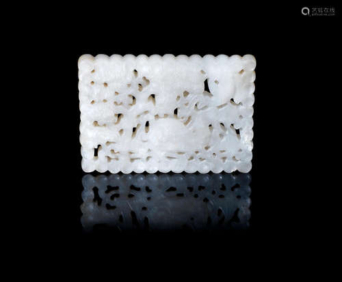 Ming Dynasty A reticulated white jade 'deer and crane' plaque