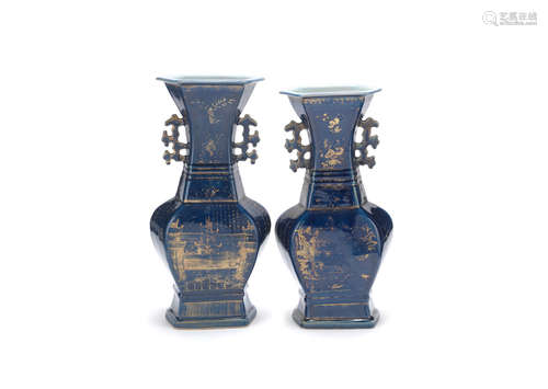 18th century A matched pair of gilt-decorated powder-blue baluster vases