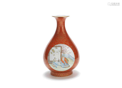 Qianlong seal mark, Republic Period A famille rose and gilt-decorated coral-ground bottle vase