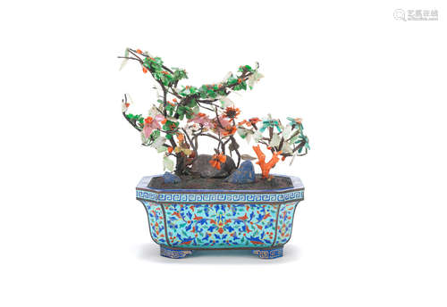 18th/19th century A painted enamel quatrefoil jardinière with a hardstone and coral tree