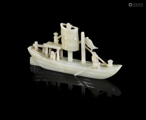 19th century A pale green jade sailing boat with figures