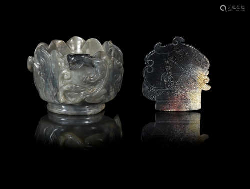 Yuan Dynasty and later A grey jade archaistic 'lotus and chilong' cup and a black jade plaque