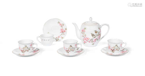 Jingdezhen seal marks, 20th century An enamelled 'birds and flowers' tea set