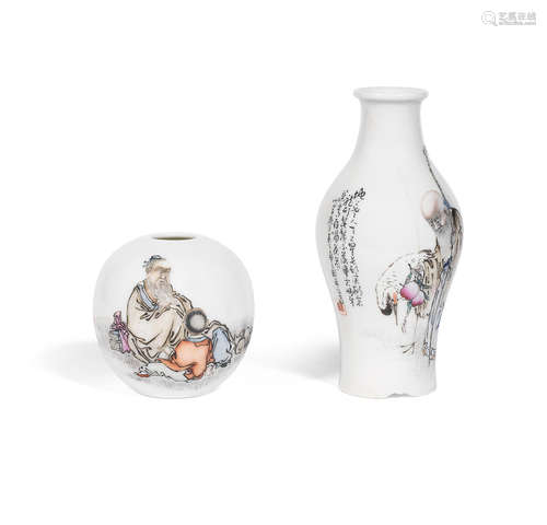 Signed Liu Xiren, cyclically dated gengwu year, corresponding to 1930 An enamelled water pot and an enamelled baluster vase