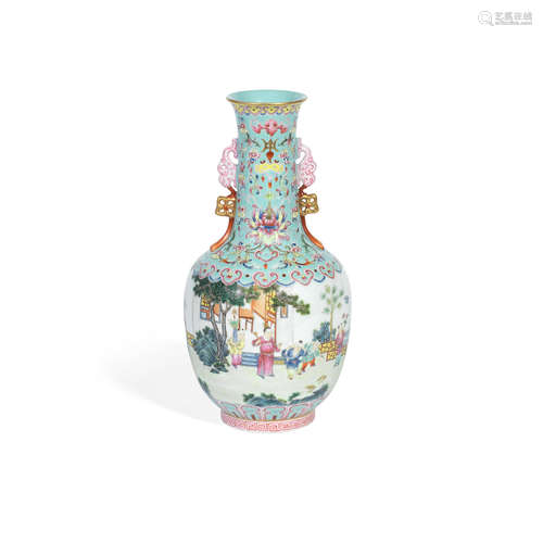 Qianlong seal mark, Republic Period A famille rose turquoise-ground bottle vase