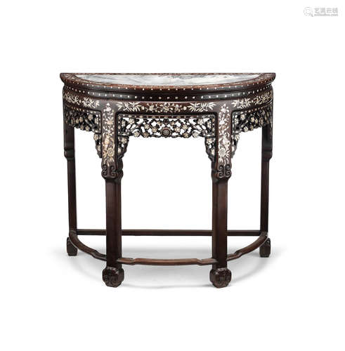 Late Qing Dynasty A Chinese export marble-inset and mother-of-pearl-inlaid hardwood demi-lune side table