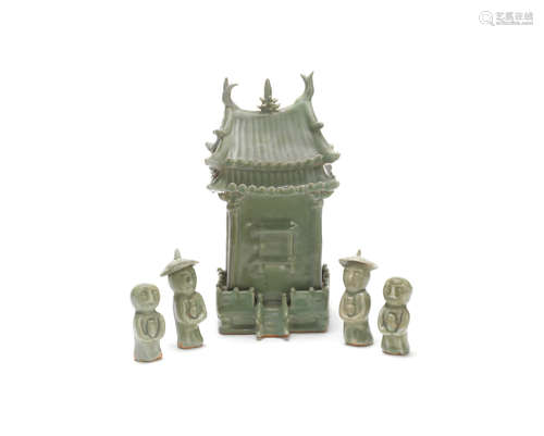 Probably Early Ming Dynasty A Longquan celadon-glazed reliquary and attendant figures