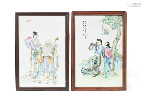 Republic Period An enamelled 'Shoulao and Xiwangmu' plaque and another porcelain plaque