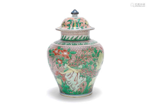 Mid-17th century A wucai 'birds and flowers' baluster jar and a cover