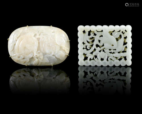 Ming Dynasty and 18th/19th century A reticulated green jade plaque and a creamy jade 'melons' plaque