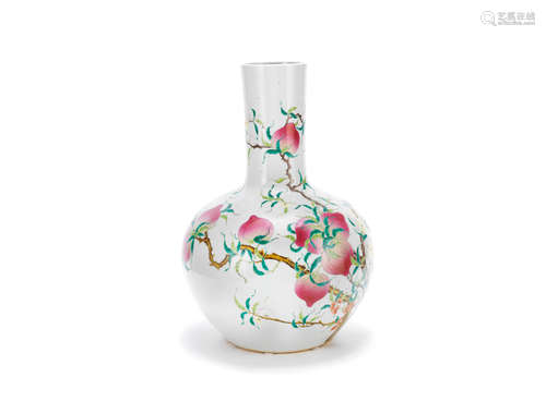 Guangxu six-character mark, Republic Period A famille rose 'nine peaches' bottle vase, tianqiuping