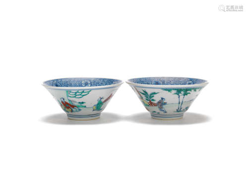 Probably 18th century A pair of underglaze-blue and doucai enamelled bowls