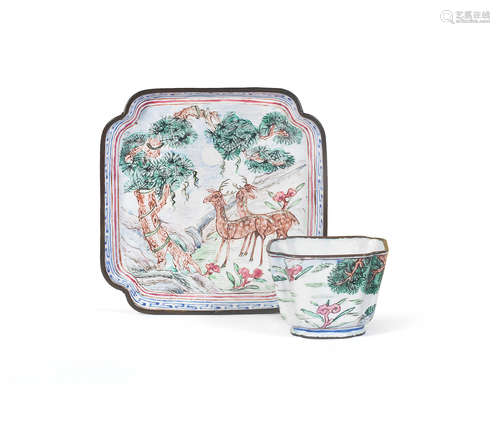 18th century A Canton enamel 'deer and pine' cup and saucer