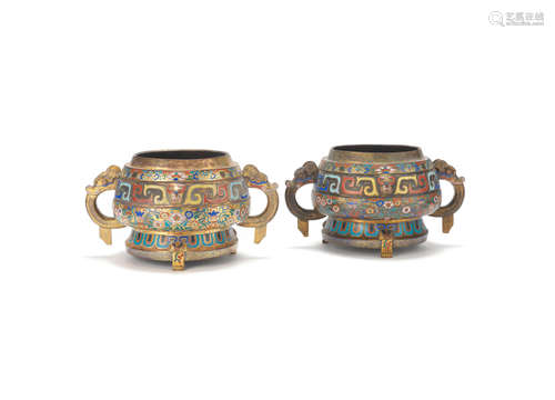 Late Qing Dynasty A pair of champlevé and cloisonné enamel incense burners, gui