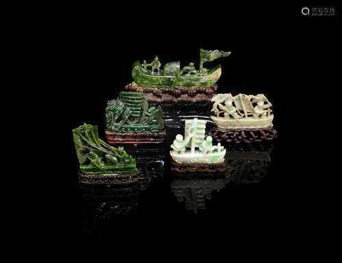 Late Qing Dynasty A varied group of hardstone and jadeite carvings of boats