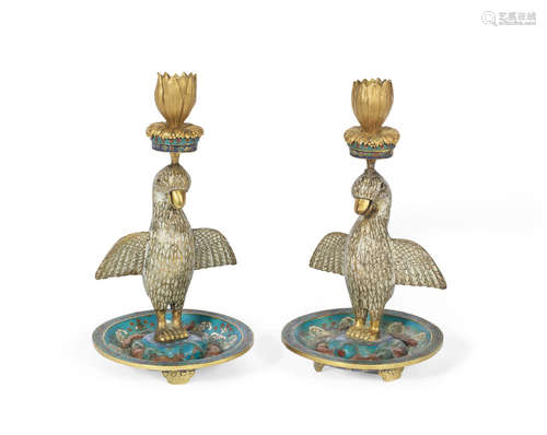 Qianlong A pair of cloisonné enamel 'duck and tortoise' candlesticks