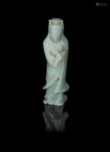 Qing Dynasty A green jade figure of Guanyin