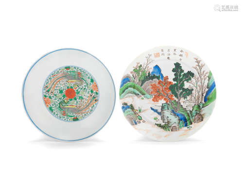 Kangxi six-character mark and of the period and Chenghua six-character mark, Kangxi A famille verte 'landscape' dish and a famille verte 'phoenix' dish