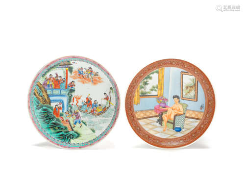 Signed, Mid-20th century and Qianlong four-character mark, mid-20th century An enamelled 'erotic subject' dish and a famille rose 'Immortals' dish