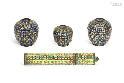 19th century Three painted enamel 'Lai Nam Thong' jars and covers and a painted enamel 'bencharong' brush holder and cover