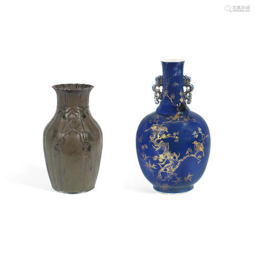 Yongzheng seal mark, 19th century and 18th/19th century A teadust-glazed 'cloth sack' baluster vase and a gilt-decorated powder blue-glazed bottle vase