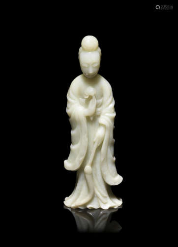 19th century A mottled pale green jade figure of a lady