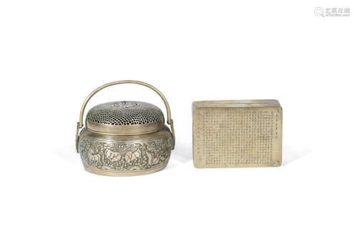 19th century A paktong incised box and cover and a small paktong handwarmer