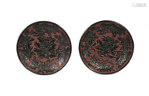 19th century A pair of carved two-colour lacquer dishes