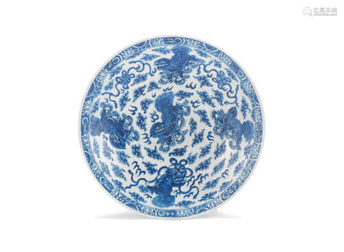 Qianlong seal mark, 19th century A large blue and white 'Buddhist lions' dish