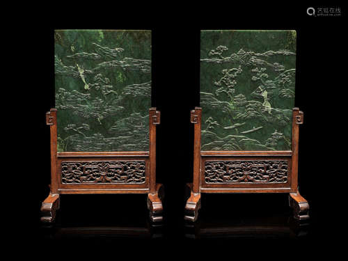 19th century A pair of spinach jade table screens