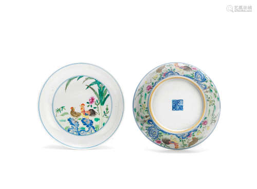 Qianlong seal marks, Qing Dynasty A pair of famille rose 'cockerel' dishes