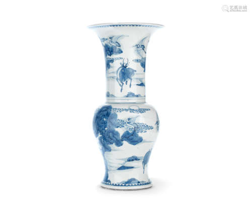 Kangxi A blue and white 'crane and deer' baluster vase, yenyen