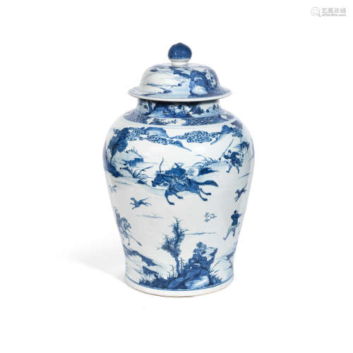 Kangxi A large blue and white 'hunting scene' jar and cover