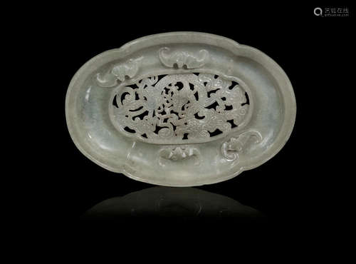 19th century A green jade reticulated 'dragon and bat' quatre-lobed dish