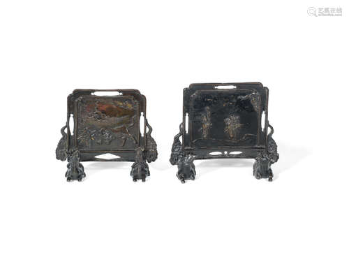 17th century  A pair of bronze table screens