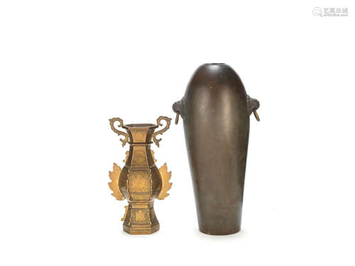 17th/18th century A large tapering bronze vase and a hexagonal baluster vase