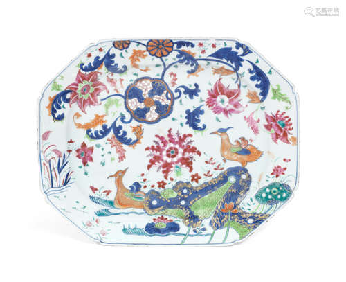 18th century  An underglaze-blue and enamelled 'Pseudo-Tobacco leaf' tureen dish