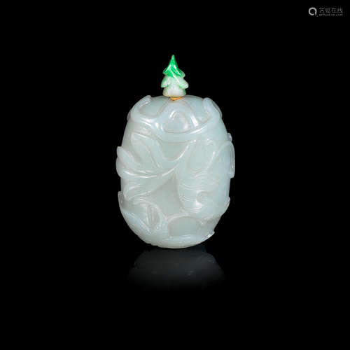 19th century A green jade 'butterfly and melon' snuff bottle