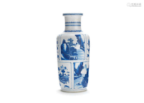 Kangxi A blue and white 'Precious Objects and Landscapes' rouleau vase