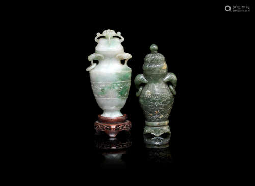 19th century A small archaistic jadeite vase and cover and a spinach green jade vase and cover