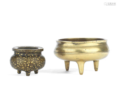 Cast Xuande and Qin Shu Liu seal marks A SMALL BRONZE TRIPOD INCENSE BURNER AND A POLISHED BRONZE TRIPOD INCENSE BURNER