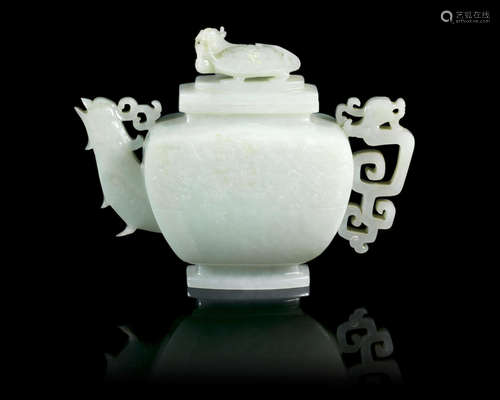 19th/20th century A pale green jade archastic winepot and cover