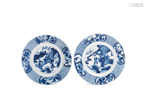 Kangxi six-character marks and of the period A pair of blue and white 'Outlaws of the Marsh' dishes