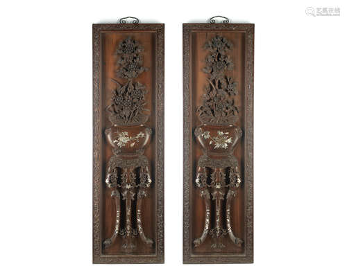 Circa 1900 A pair of carved mother-of-pearl inlaid hongmu panels