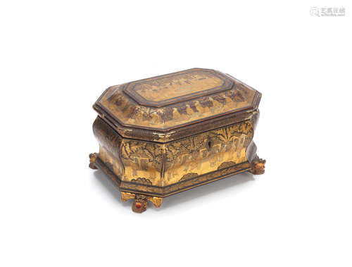 19th century A Chinese export black and gilt-lacquer tea caddy